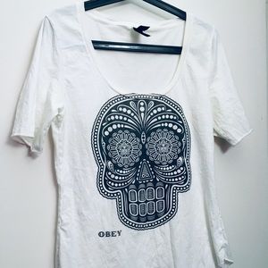 OBEY White Half Sleeve Skull Shirt L
